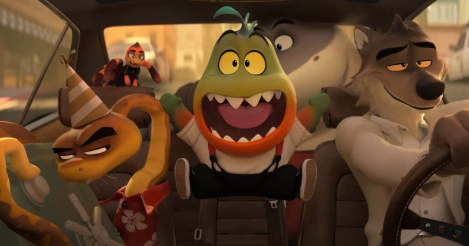 A movie still of The Bad Guys: animated animals in a car