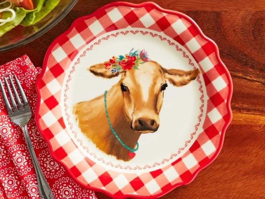 The Pioneer Woman Red Gingham with Cow Decal Ceramic Salad Plate 