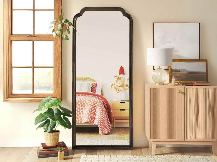 Threshold Black 30" x 70" Oversize French Country Collection Leaner Mirror in bedroom