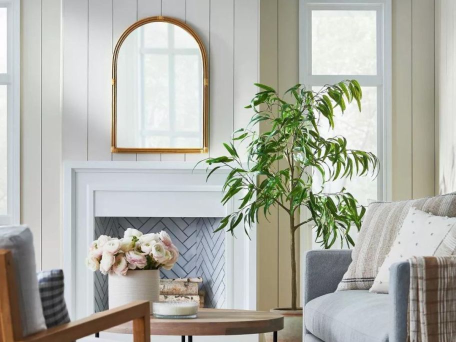 Threshold designed w/ Studio McGee 24" x 34" Rattan Arched Wall Mirror in living room