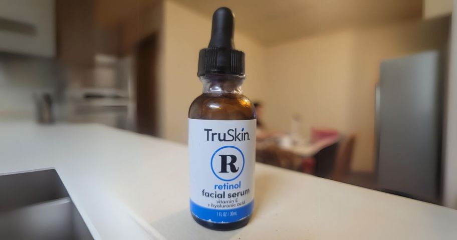 TruSkin Retinol Anti-Aging Serum 1oz Bottle on counter