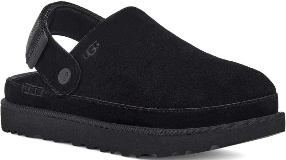 a black suede clog with a heel strap