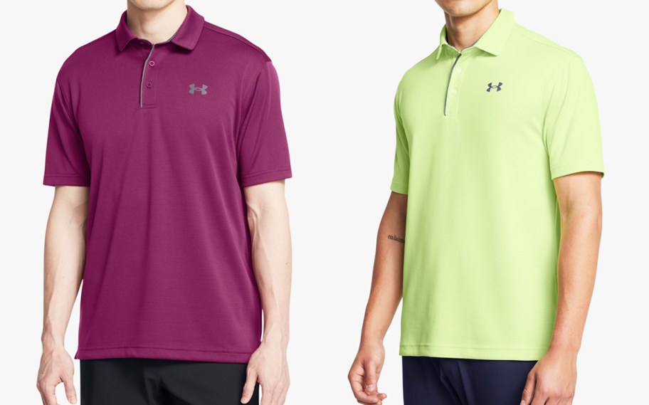 two men in maroon and bright green polo shirts