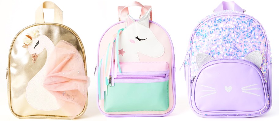 swan, unicorn, and cat mini backpacks