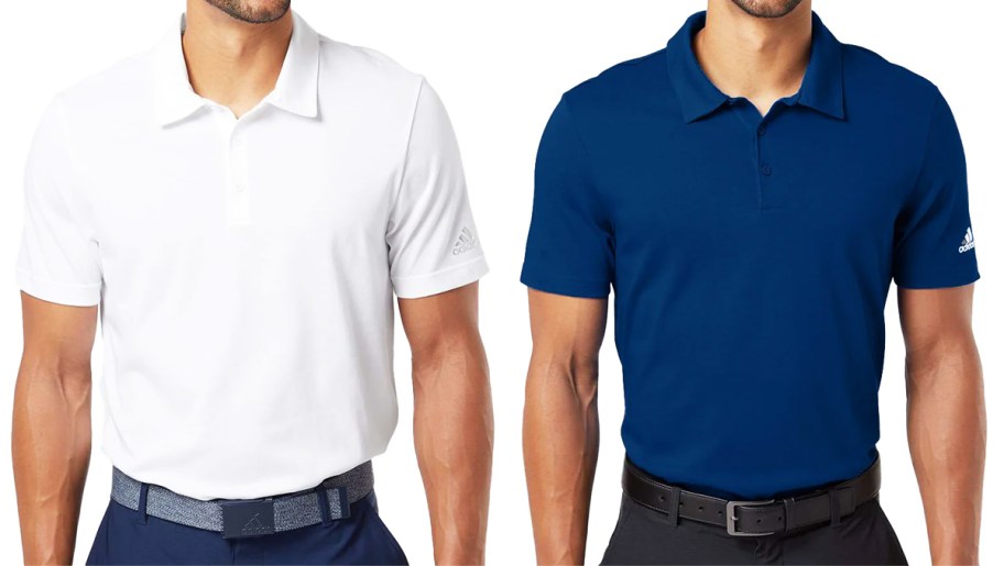 two men in white and blue polo shirts