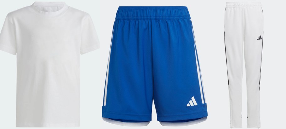 adidas boys white shirt, blue shorts and white pants