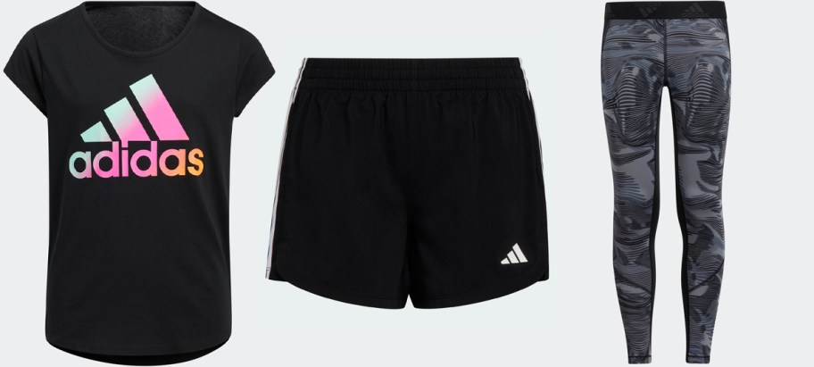 adidas girls black tee, black shorts and gray pants