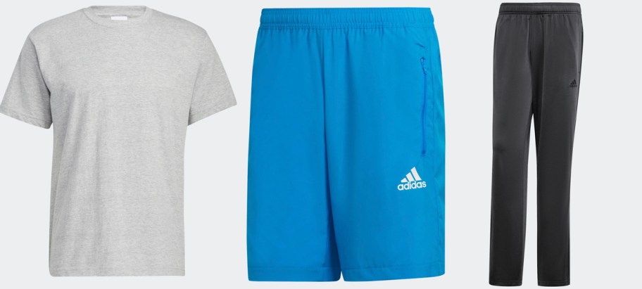 adidas mens gray top, blue shorts, and black pants