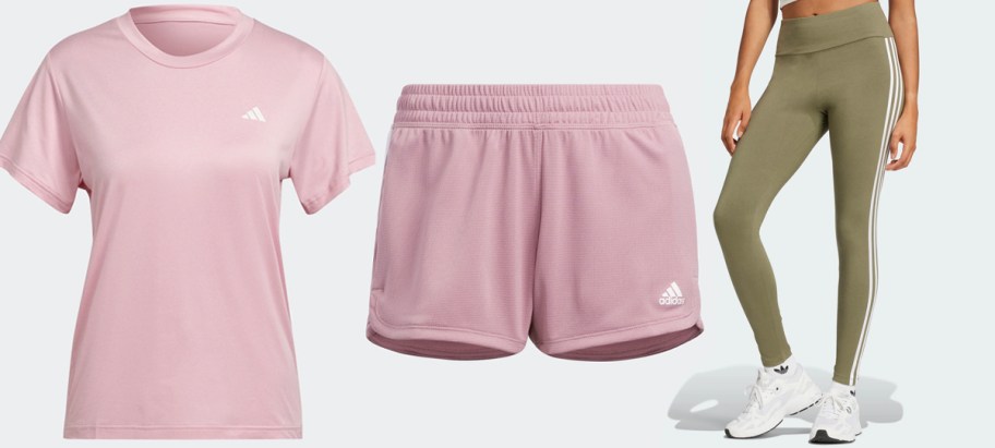 adidas womens pink tee, pink shorts and green pants