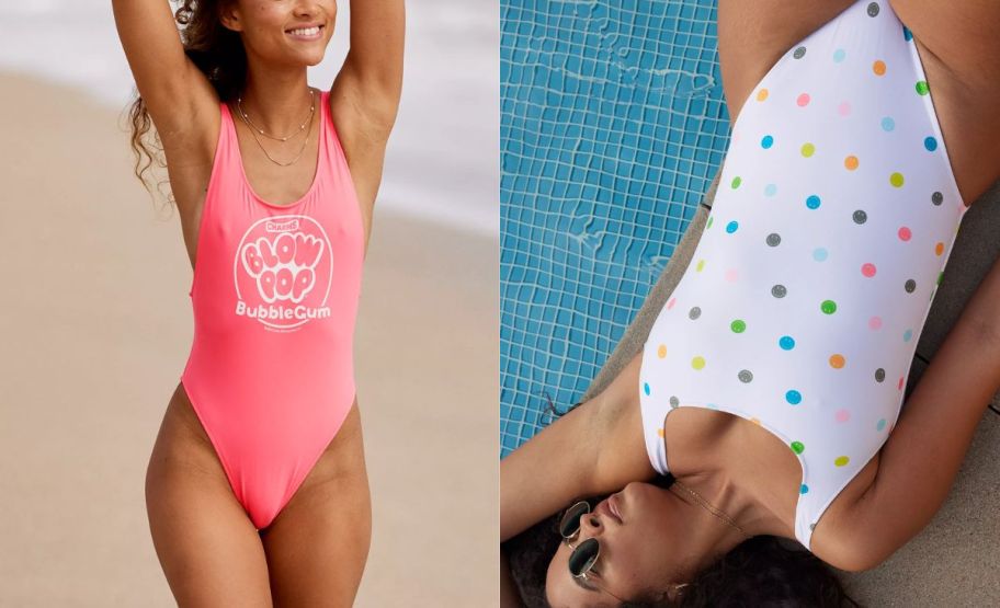 two models wearing aerie one-piece swimsuits