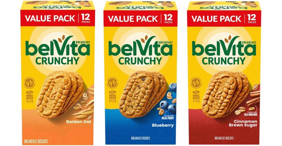 3 belvita crunchy oat biscuits boxes in blueberry, & cinnamon sugar