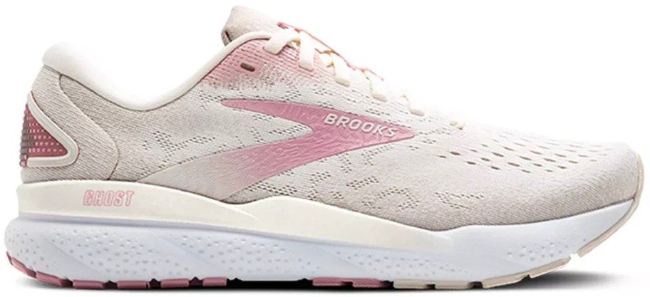 white and pink brooks shoe