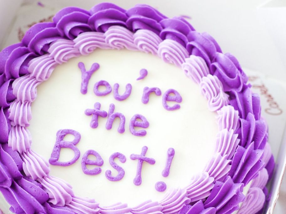 carvel cake with "you're the best" written on it with icing