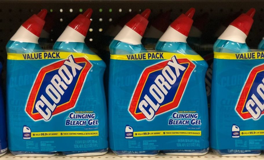 bottles of toilet bowl cleaner on a store shelf