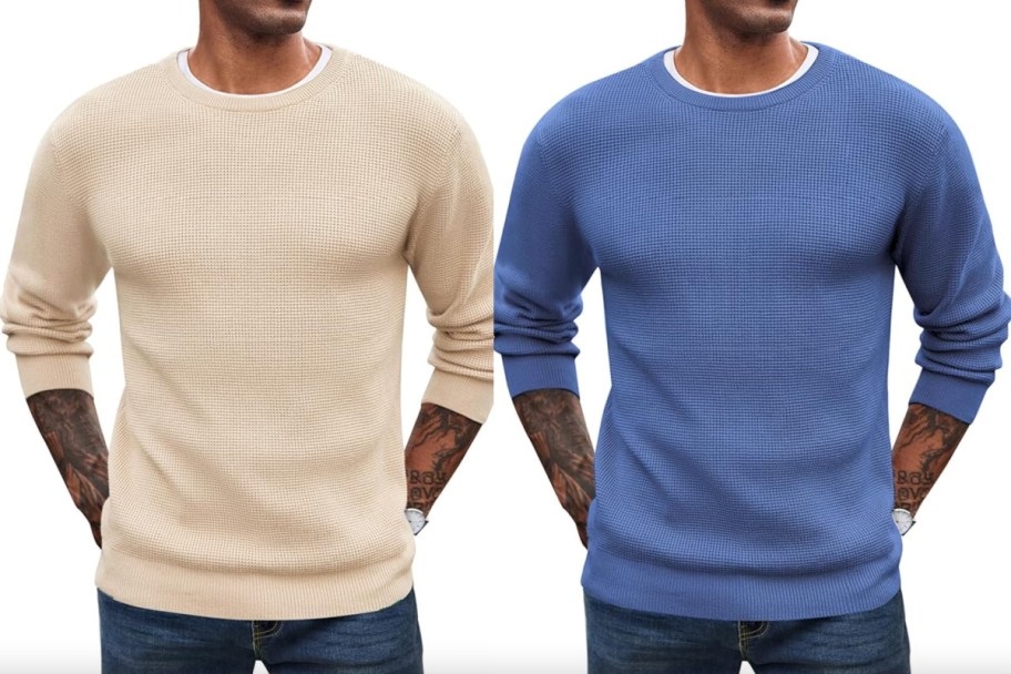 men in beige and blue waffle sweaters