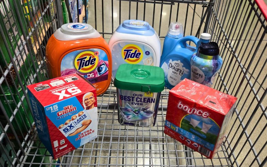 a Costco shopping cart filled with a variety of P&G household essentials