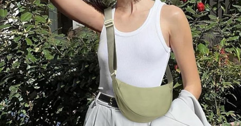 woman wearing Goewy Mini Crescent Crossbody Bag