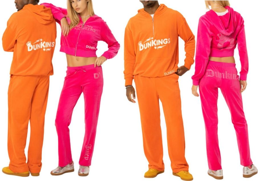 man and woman wearing Juicy Couture x Dunkin' Tracksuits