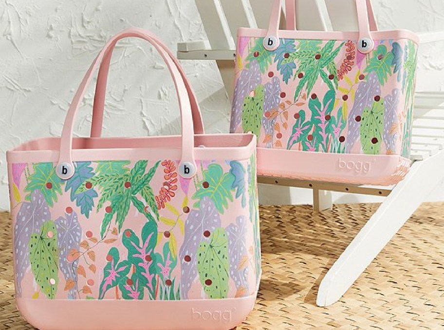 floral bogg bags displayed on a chair