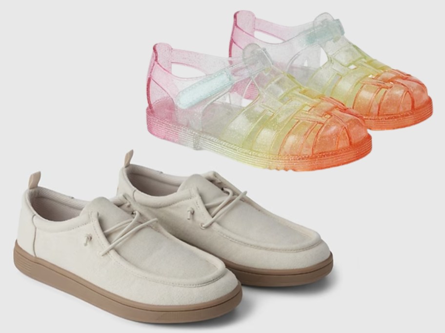 kid's colorful jelly sandals and kids moc slip in sneakers