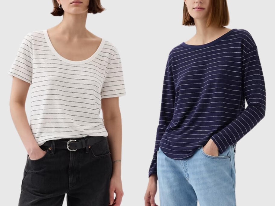 woman waring white stripe t-shirt and woman wearing blue long sleeved stripe shirt