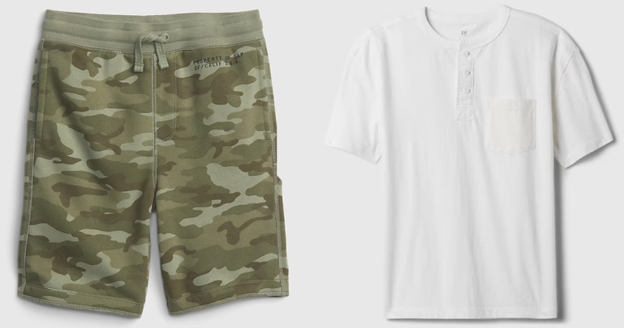 kids camo shorts and white tee