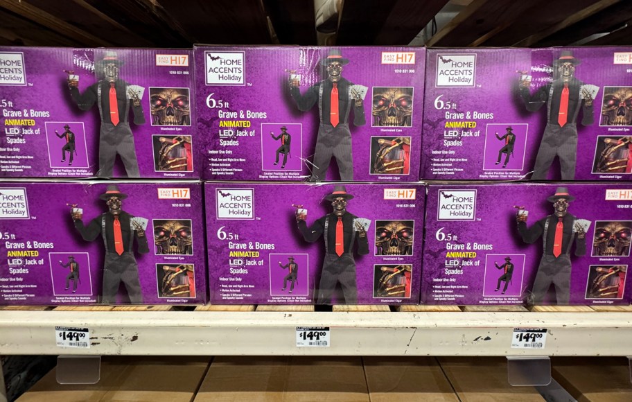 6 boxes of jack of spades animatronics stacked at home depot