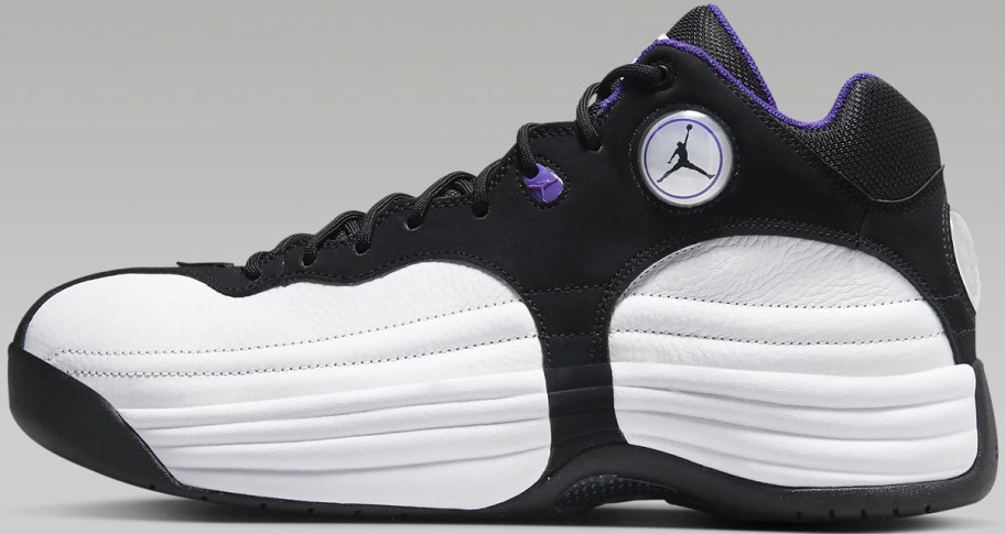 white, black and purple jordan nike high top shoe