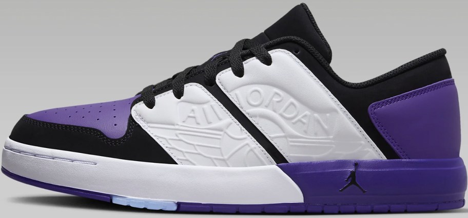 purple, white and black nike jordan shoes