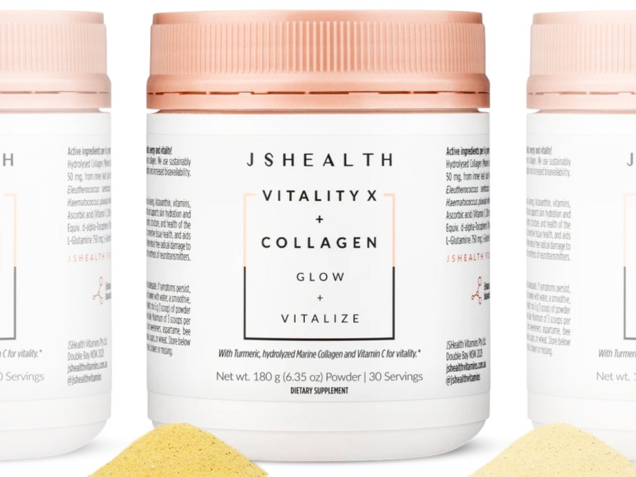 white and pink container of JSHealth Vitality X + Collagen Powder