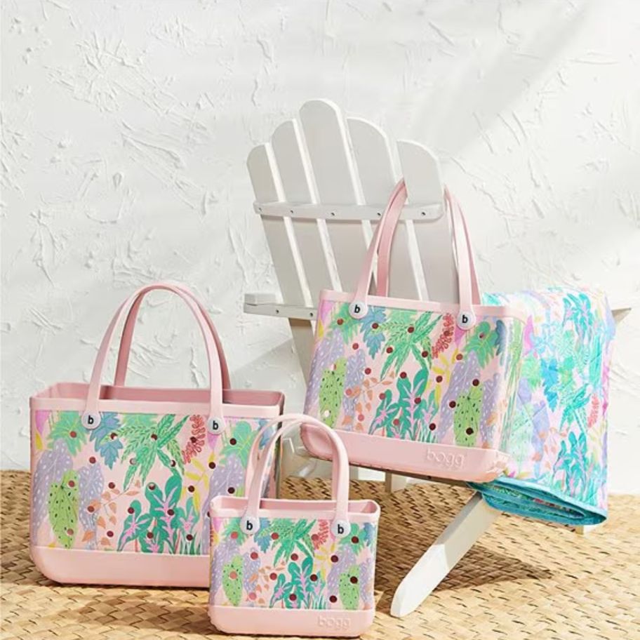 three jungle print bogg bags in strawberry milkshake