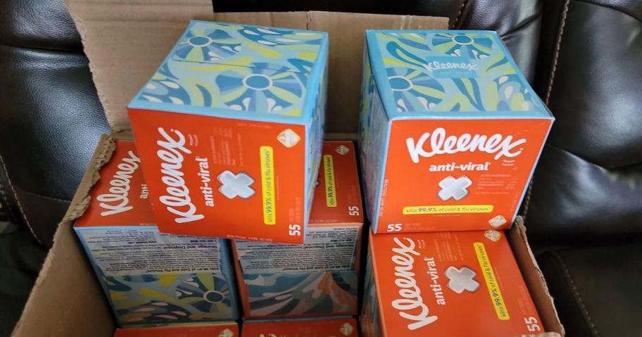 cube sizes boxes of Kleenex anti-viral tissues in a box