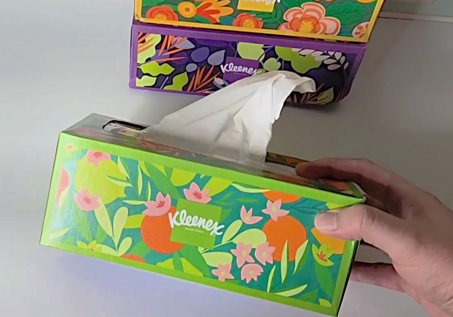 hand holding kleenex facial tissue box with 2 boxes in background