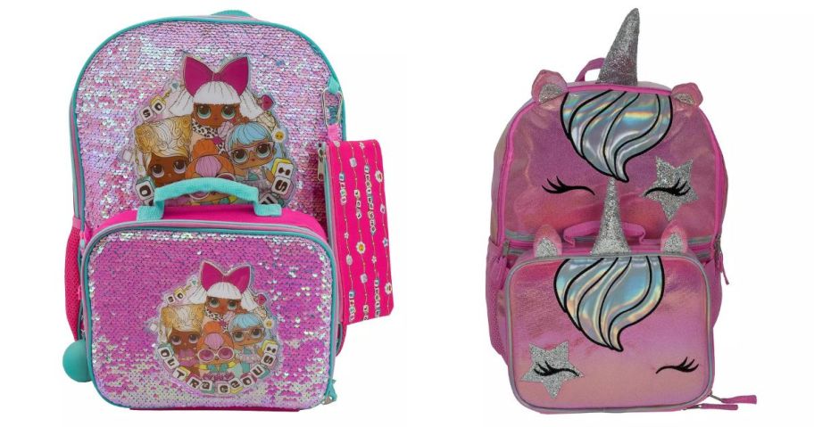 LOL and unicorn backpack stock images