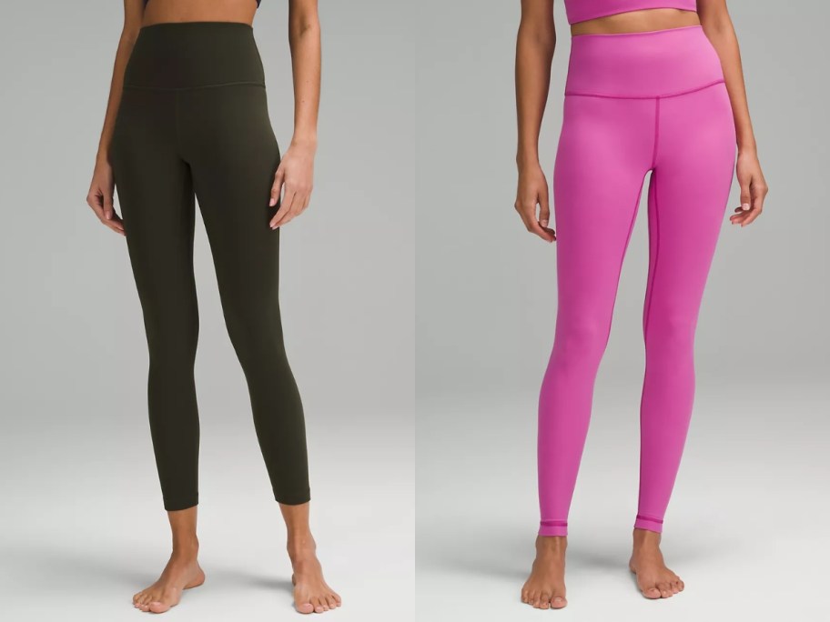 woman wearing a dark olive green pair of cropped leggings, and woman wearing a hot pink pair of leggings