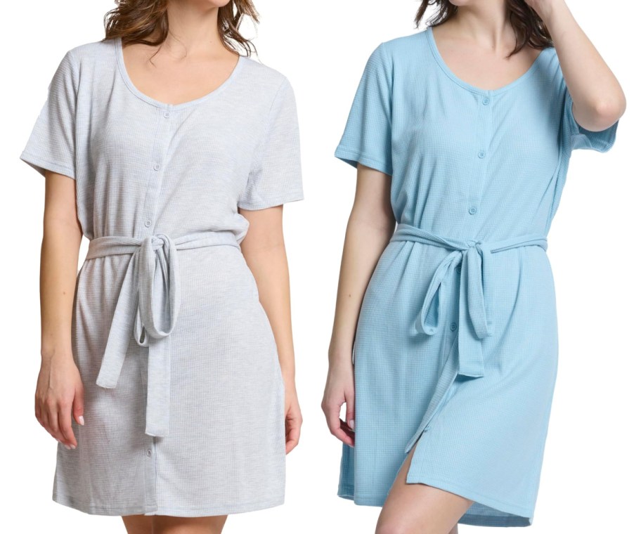 women in grey and blue waffle nightgowns