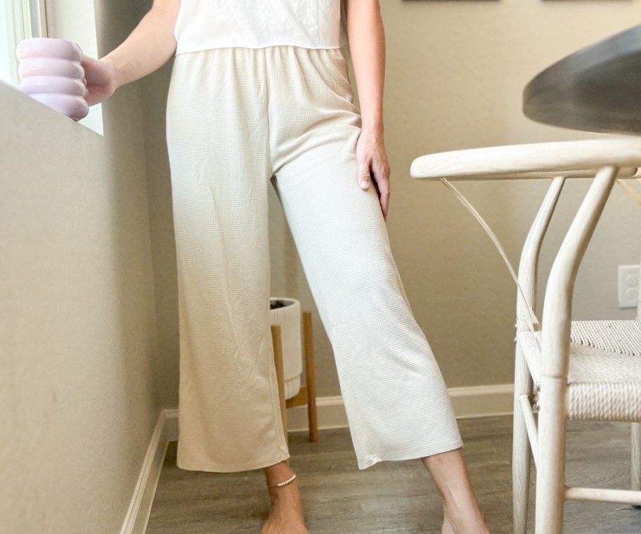 woman in light beige waffle knit pants