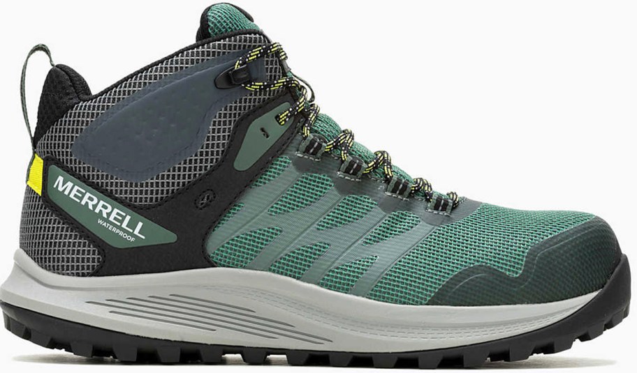 green, gray, and white merrell work boot 