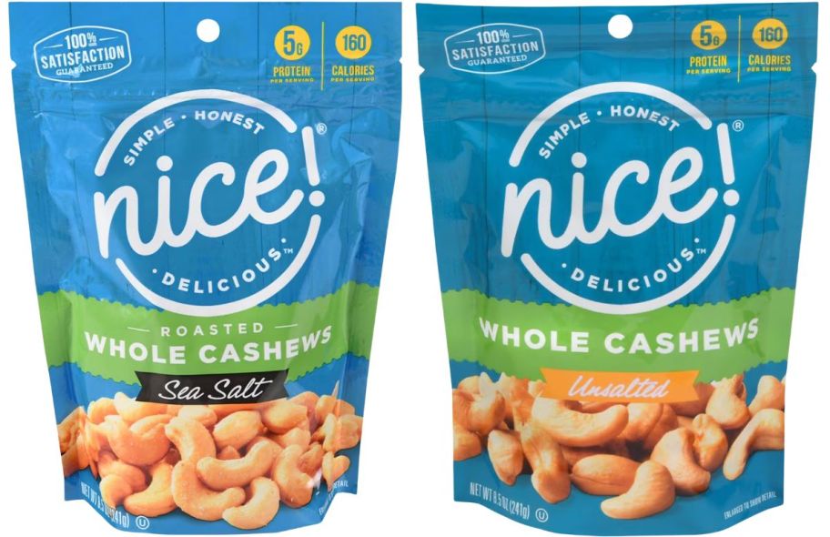 two bags of Nice brand cashews stock images