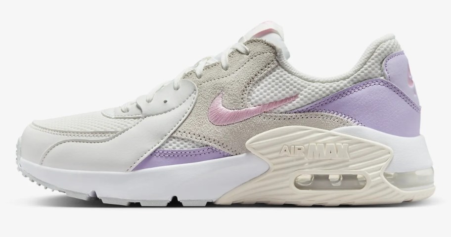 women's Nike Air Max style shoe in white, grey, off white with pink and purple accents