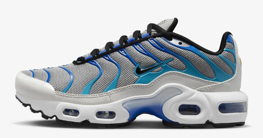 kid's Nike Air Max shoe in white with grey, blue and black accents