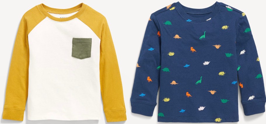 yellow and white and dinosaur blue boys long sleeve tees