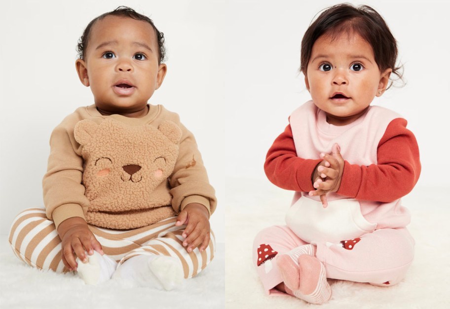 baby boy in bear outfit and baby girl in red mushroom outfit