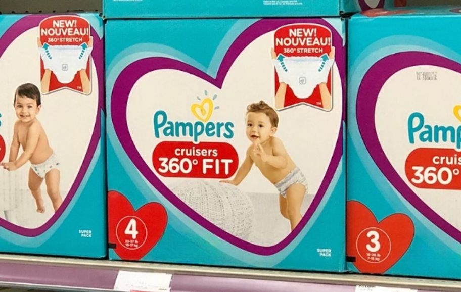 boxes of pampers cruisers 360 on a store shelf