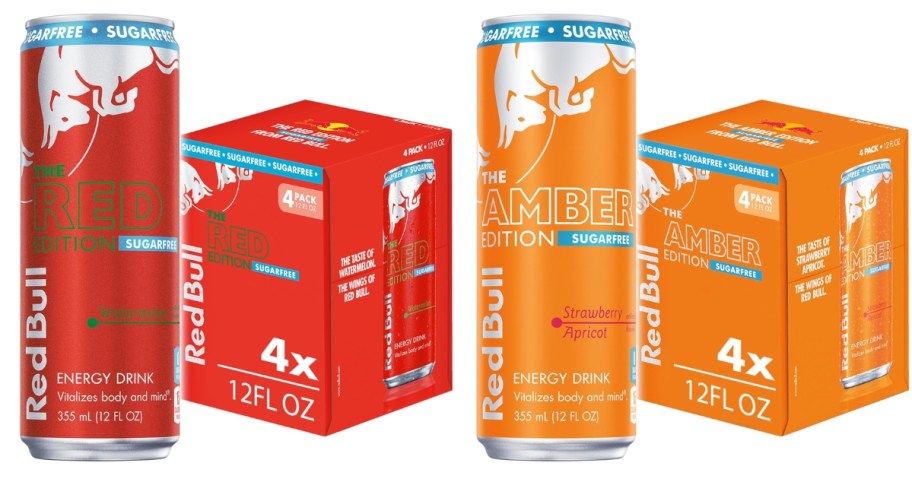 4 pack of red cans of Watermelon and 4 pack of orange cans of Strawberry Apricot Red Bull Sugar Free with a single can of each flavor in front of the packs