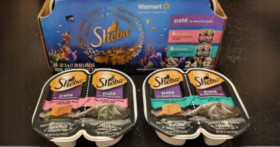 Sheba Perfect Portions Delicate Salmon & Signature Seafood Entrees Variety 12 Twin Packs - 24 Servings on counter