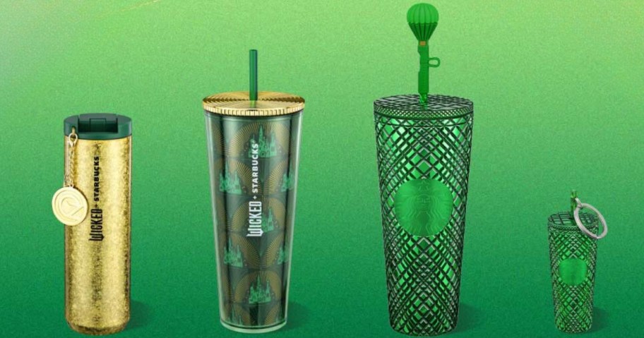 Starbucks Wicked themed tumblers and golds and emerald greens on a green background