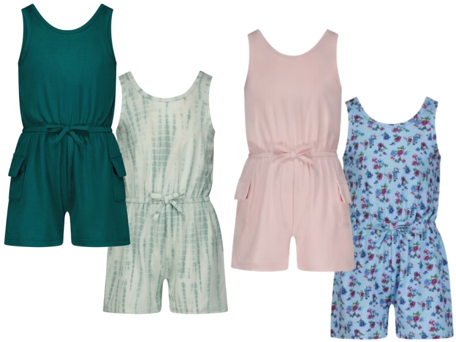 girl's sets of rompers, one in greens, the other in pink and blue floral