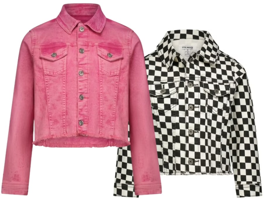 girls denim jackets, 1 in pink acid wash, 1 in black checkered