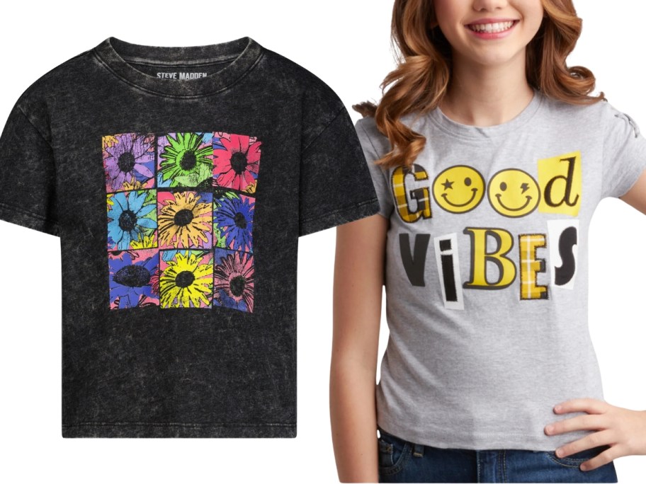 girl's black tshirt with neon daisies and girl wearing a gry tshirt that says "good vibes"